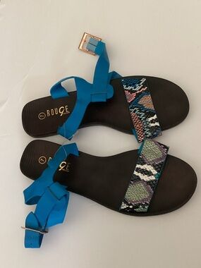 Rouge Helium Turquoise Strappy Snake-Print Flat Sandals